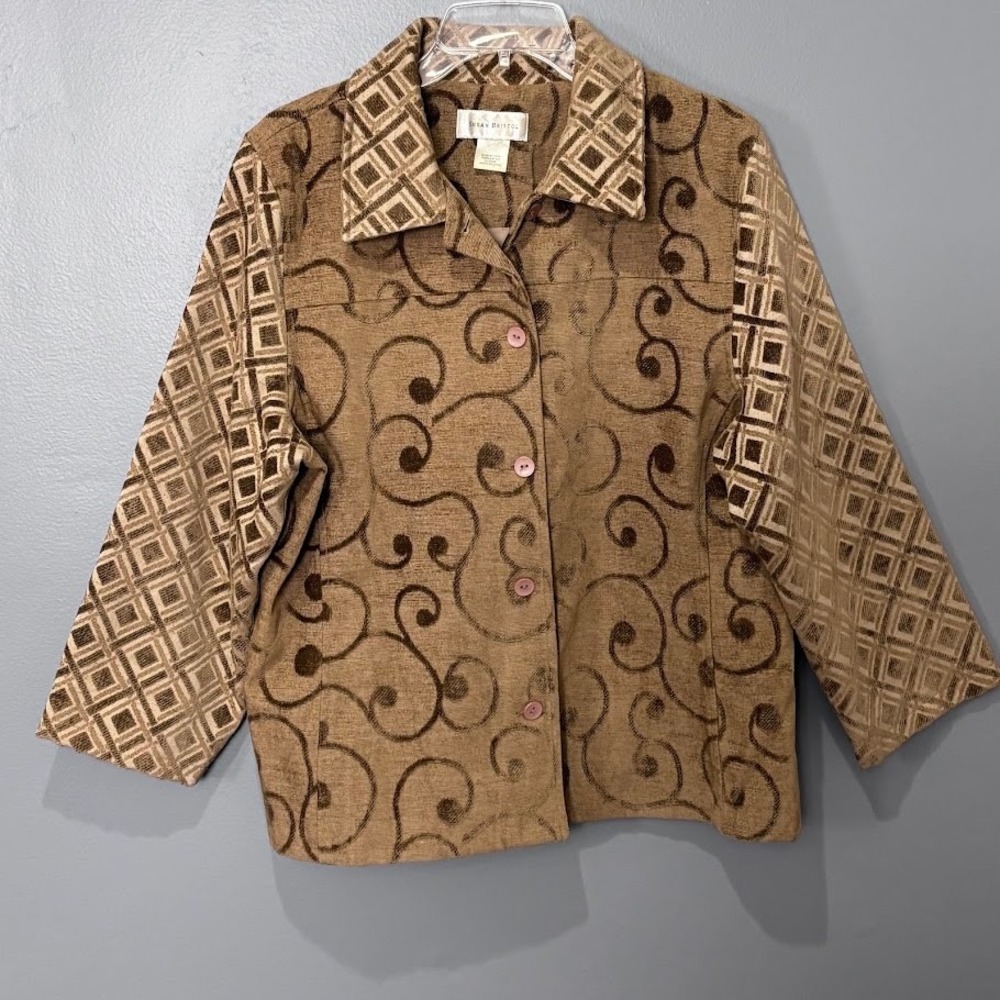 Susan Bristol Jacket Womens L Brown Rayon Cotton Scroll Diamond Boho Artsy Chic